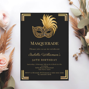 Invitation Mascarade d'anniversaire en or noir