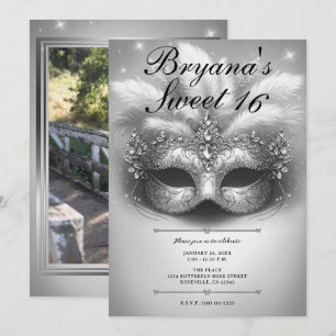 Invitation Mascarade d'Argent Anniversaire Photo 16 ans Douce