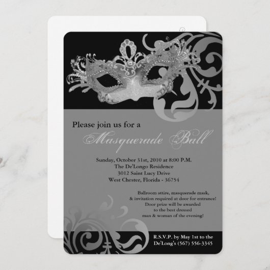Invitation Mascarade d'argent masqué costume de bal Halloween (Devant / Derrière)