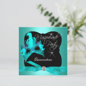 Invitation Mascarade de la fête de Quinceanera Noir Turquoise (Debout devant)