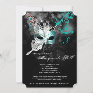 Invitation Mascarade de papillon turquoise déguisement Hallow