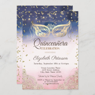 Invitation Mascarade, dentelle, Diamants Ombre Quinceañera