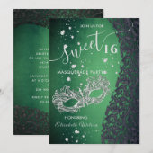 Invitation Mascarade diamant damassé vert doux 16 (Devant / Derrière)