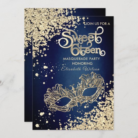 Invitation Mascarade diamant luxe or doux 16 (Devant / Derrière)