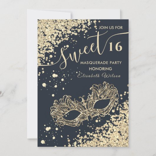Invitation Mascarade diamant luxe or doux 16 (Devant)