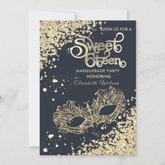 Invitation Mascarade diamant luxe or doux 16 (Devant)
