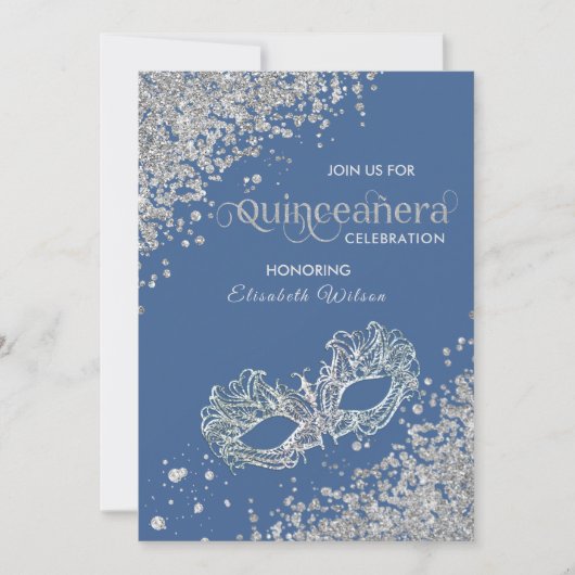 Invitation Mascarade diamant luxe Quinceañera bleu (Devant)