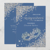Invitation Mascarade diamant luxe Quinceañera bleu (Devant / Derrière)