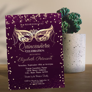 Invitation Mascarade, Diamants, Lumières Violet Quinceañera