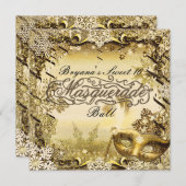 Invitation Mascarade d'or Masque & Snowflakes d'hiver élégant (Devant / Derrière)