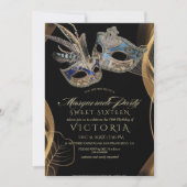 Invitation Mascarade d'or noir Elegan moderne 16e anniversair (Devant)