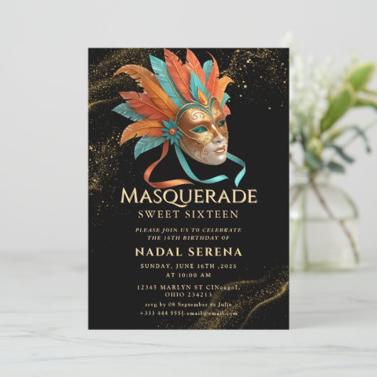 Invitation mascarade dorée (Debout devant)