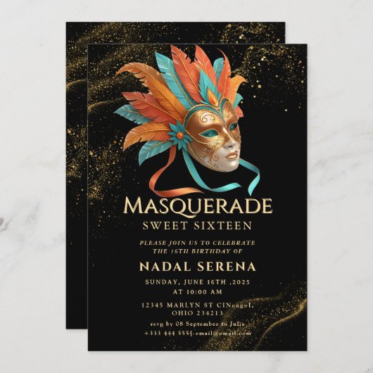Invitation mascarade dorée (Devant / Derrière)