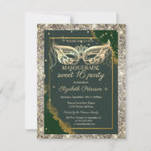Invitation Mascarade dorée Paillettes Vert Sweet 16 (Devant)