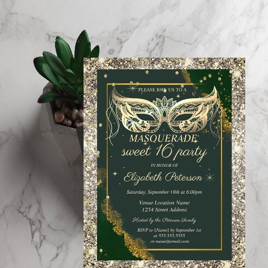 Invitation Mascarade dorée Paillettes Vert Sweet 16