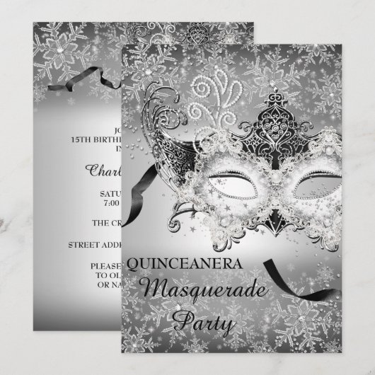 Invitation Mascarade du flocon de neige en argent Quinceanera (Devant / Derrière)