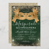 Invitation Mascarade Émeraude Vert Or Paillettes Quinceanera (Devant / Derrière)