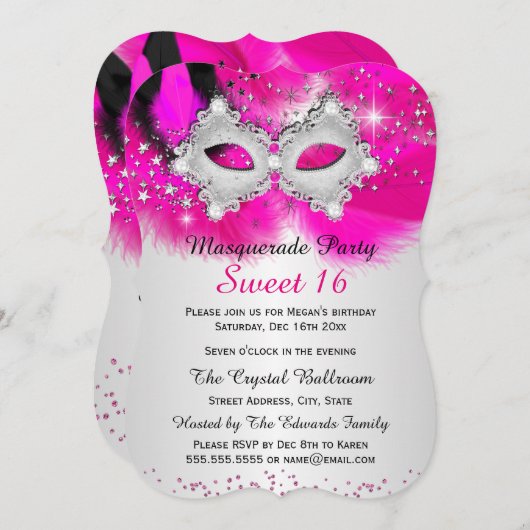 Invitation Mascarade en argent rose chaud doux 16 en dentelle (Devant / Derrière)