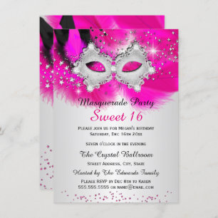Invitation Mascarade en argent rose chaud doux 16 en dentelle