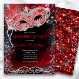 Invitation Mascarade en argent rouge noir