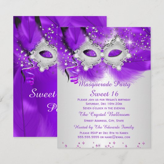 Invitation Mascarade en argent violet doux 16 fêtes Mascarade (Devant / Derrière)