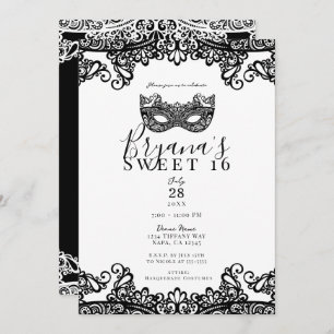 Invitation Mascarade en dentelle blanche et noire Sweet 16 Pa