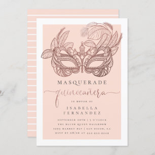Invitation Mascarade en or blanc et Rose Quinceañera