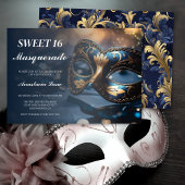 Invitation Mascarade en or bleu Anniversaire