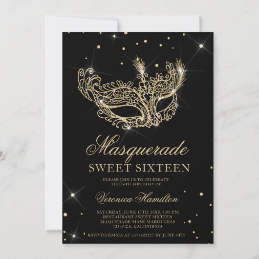 Invitation Mascarade en or noir masque parties scintillant Sw (Devant)