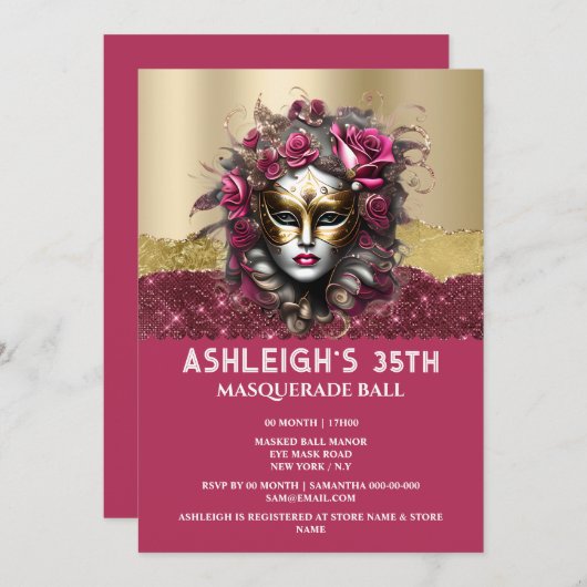 Invitation Mascarade en or rose rose masque vénitienne filles (Devant / Derrière)