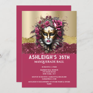 Invitation Mascarade en or rose rose masque vénitienne filles