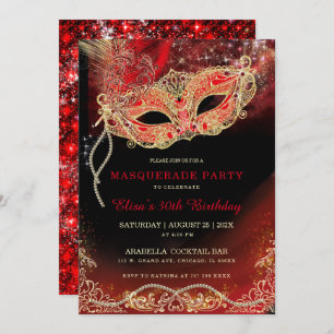Invitation Mascarade en or rouge noir