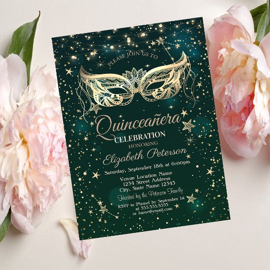 Invitation Mascarade, Étoiles Vertes Quinceañera