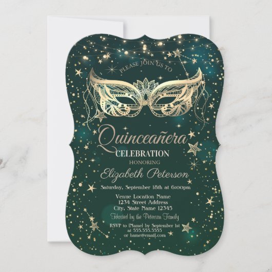 Invitation Mascarade, Étoiles Vertes Quinceañera (Devant)