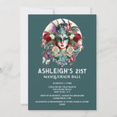 Invitation Mascarade femme d'anniversaire portant un masque t (Devant)