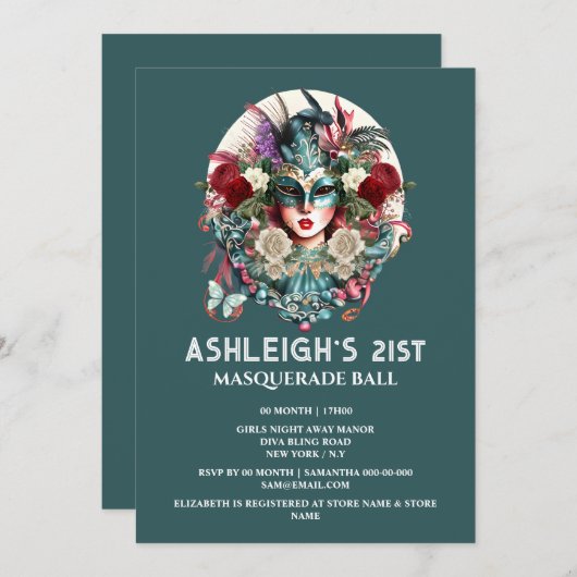 Invitation Mascarade femme d'anniversaire portant un masque t (Devant / Derrière)