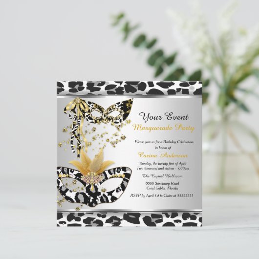 Invitation Mascarade fête d'anniversaire Leopard Black Silver (Debout devant)