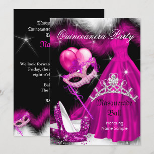 Invitation Mascarade Fête d'anniversaire Quinceanera Rose 3a