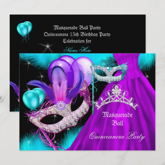 Invitation Mascarade Fête de 15 ans Teal Violet (Devant / Derrière)