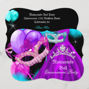 Invitation Mascarade Fête de 15 ans Teal Violet Rose
