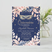 Invitation Mascarade, Fleurs Bleues, Étoiles D'Or Quinceañera (Debout devant)