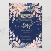 Invitation Mascarade, Fleurs bleues, Étoiles d'or RSVP (Devant / Derrière)