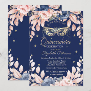 Invitation Mascarade, Fleurs Bleues, Étoiles Dorées Quinceañe