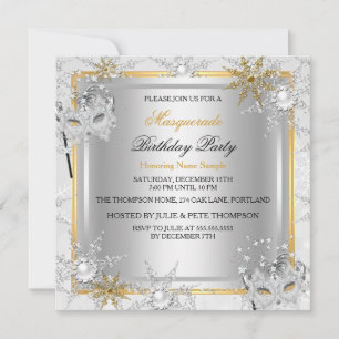 Invitation Mascarade Flocons de Neige Dorés Masques Fête A