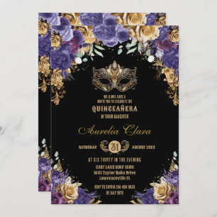 Invitation Mascarade Florale d'or violet Quinceañera