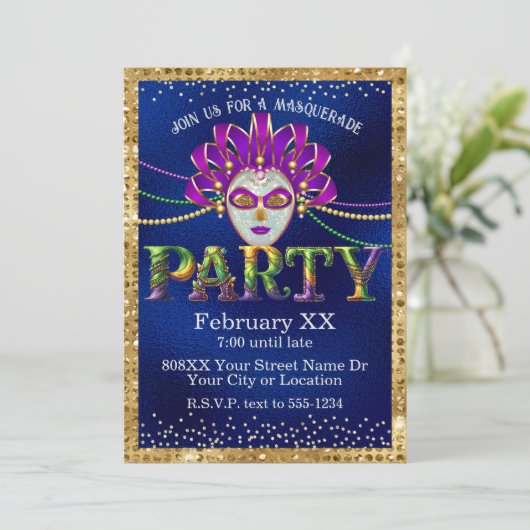 Invitation Mascarade glamour Mardi Gras (Debout devant)