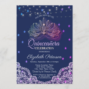Invitation Mascarade,Guirlandes Lumineuses,Étoiles,Dentelle Q