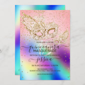 Invitation Mascarade Holographique Parties scintillant Or Qui (Devant / Derrière)