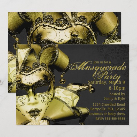 Invitation Mascarade Mardi Gras Or Brossé (Devant / Derrière)