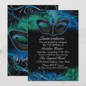 Invitation Mascarade Mascarade Mascaré bleu et vert étincelle (Devant / Derrière)